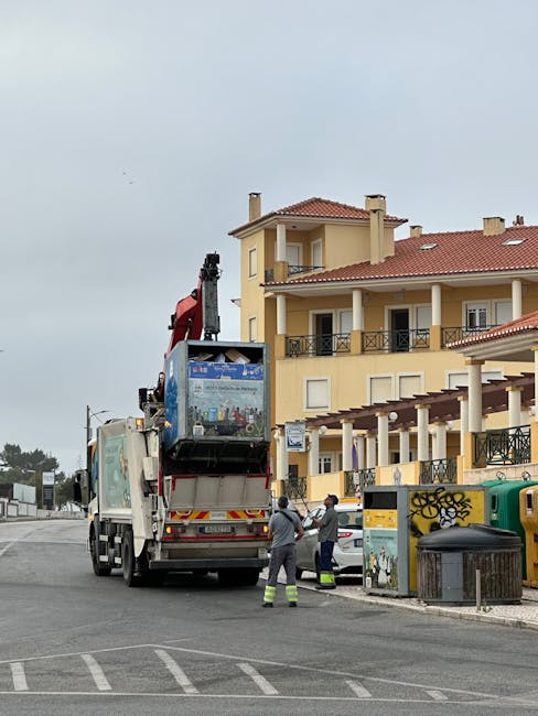 A waste collection truck, equipped with a hydraulic arm and large rear container, is parked on an urban street in front of a multi-story residential building with yellow walls, white balconies, and a red-tiled roof. The truck's rear is open and loaded with miscellaneous rubbish, including furniture and construction debris. Two workers in high-visibility trousers and jackets stand nearby, engaging in conversation and possibly coordinating waste removal activities. To the right, there are large green and yellow waste bins, some covered with graffiti or stickers, positioned on the pavement beside a wooden and metal utility box. The environment appears overcast with grey skies, and the street is lined with other utility vehicles and street signage, indicating a typical scene of private or independent rubbish collection in an urban area. The scene suggests an on-site clearance or alternative waste handling service provided by a no longer visible waste management company, reflecting the ongoing process of rubbish removal from residential properties at this location.