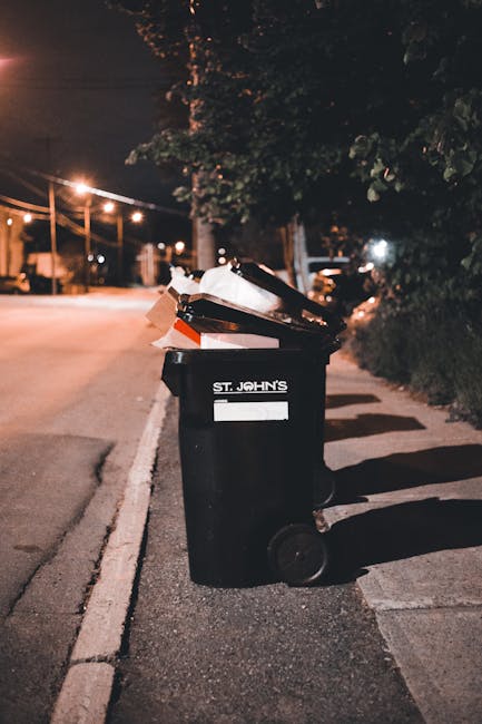 A black wheeled rubbish bin with the label 'ST. JOHN'S' placed on the sidewalk of a quiet street at night, with the lid open and filled with various waste items such as cardboard boxes, paper, and plastic. The bin is positioned near the curb, with shadow cast by nearby trees and streetlights illuminating the scene. The surrounding environment includes a row of dark, leafy bushes on the right, and a background of streetlights and distant parked cars along the road. The scene suggests an example of alternative waste handling or private rubbish collection, with the bin potentially used for on-site rubbish disposal managed by local waste services such as Rubbish Removal Kentish Town, especially during off-hours when street-based collection is less active.